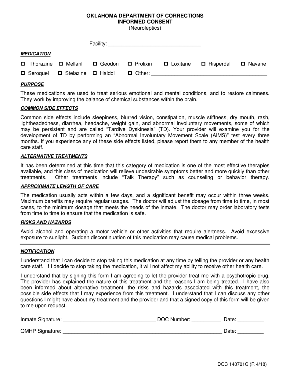 DOC Form OP-140701C Neuroleptics Informed Consent - Oklahoma, Page 1