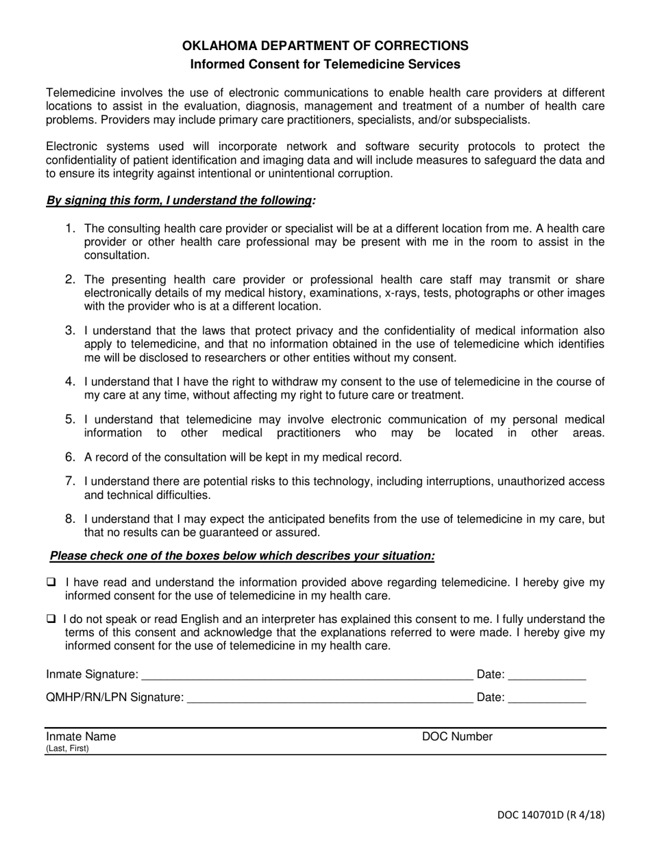 DOC Form OP-140701D Informed Consent for Telemedicine Services - Oklahoma, Page 1