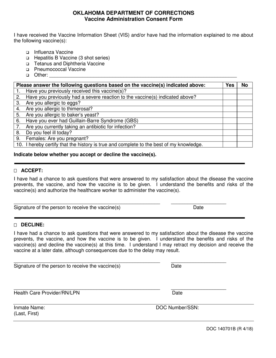 Form OP-140701B Vaccine Administration Consent Form - Oklahoma, Page 1