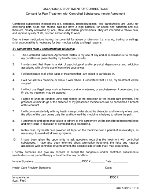 DOC Form OP-140701E Consent for Pain Treatment With Controlled Substances - Inmate Agreement - Oklahoma