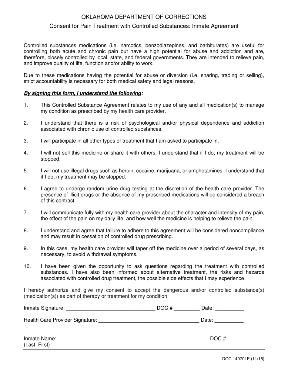 DOC Form OP-140701E Consent for Pain Treatment With Controlled Substances - Inmate Agreement - Oklahoma, Page 1