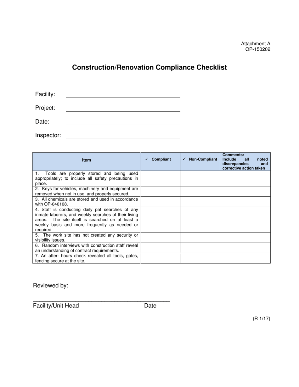 DOC Form OP-150202 Attachment A Construction / Renovation Compliance Checklist - Oklahoma, Page 1
