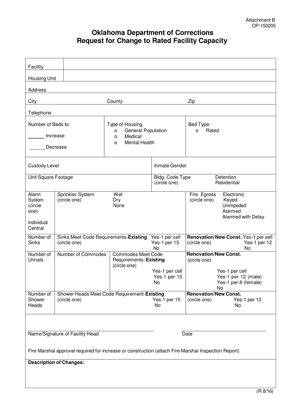 DOC Form OP-150205 Attachment B Request for Change to Rated Facility Capacity - Oklahoma, Page 1