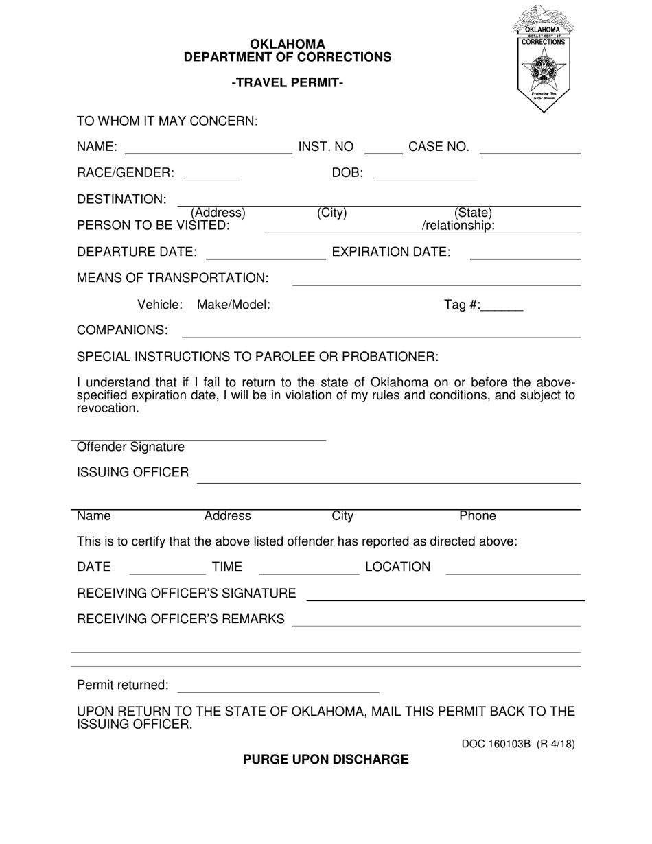 DOC Form OP-160103B Travel Permit - Oklahoma, Page 1