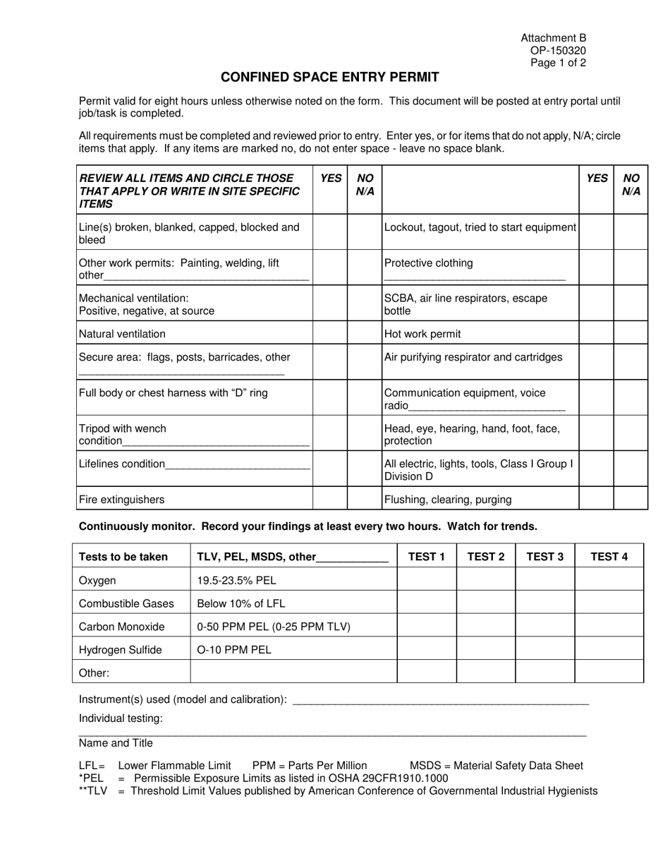 DOC Form OP-150320 Attachment B Confined Space Entry Permit - Oklahoma, Page 1