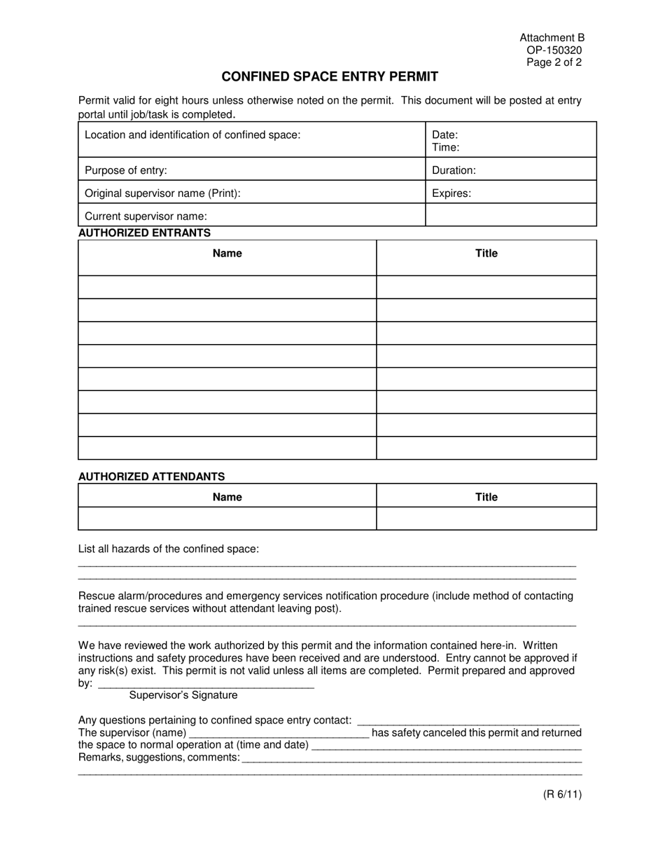 DOC Form OP-150320 Attachment B Confined Space Entry Permit - Oklahoma, Page 2
