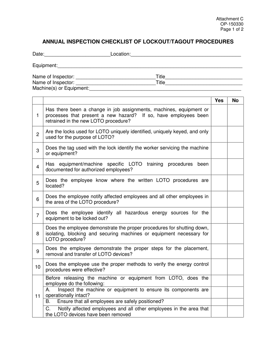 DOC Form OP-150330 Attachment C Annual Inspection Checklist of Lockout / Tagout Procedures - Oklahoma, Page 1
