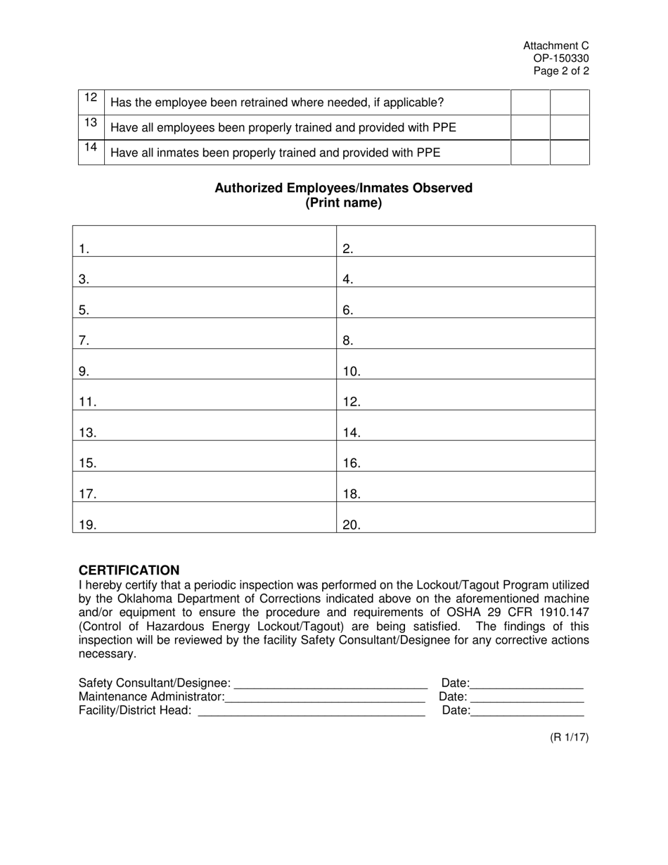 DOC Form OP-150330 Attachment C Annual Inspection Checklist of Lockout / Tagout Procedures - Oklahoma, Page 2