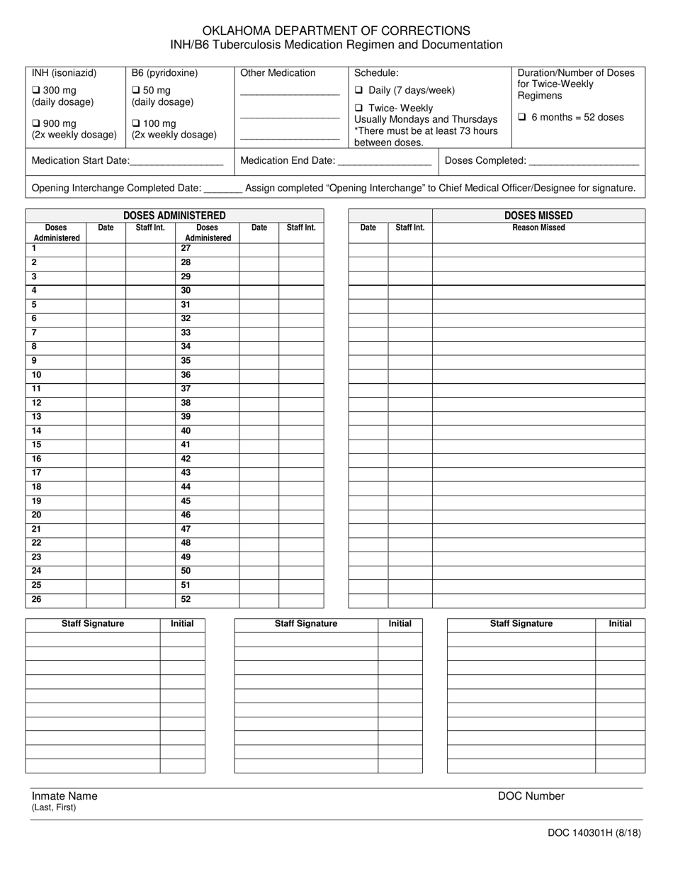 DOC Form OP-140301H Inh / B6 Tuberculosis Medication Regimen and Documentation - Oklahoma, Page 1