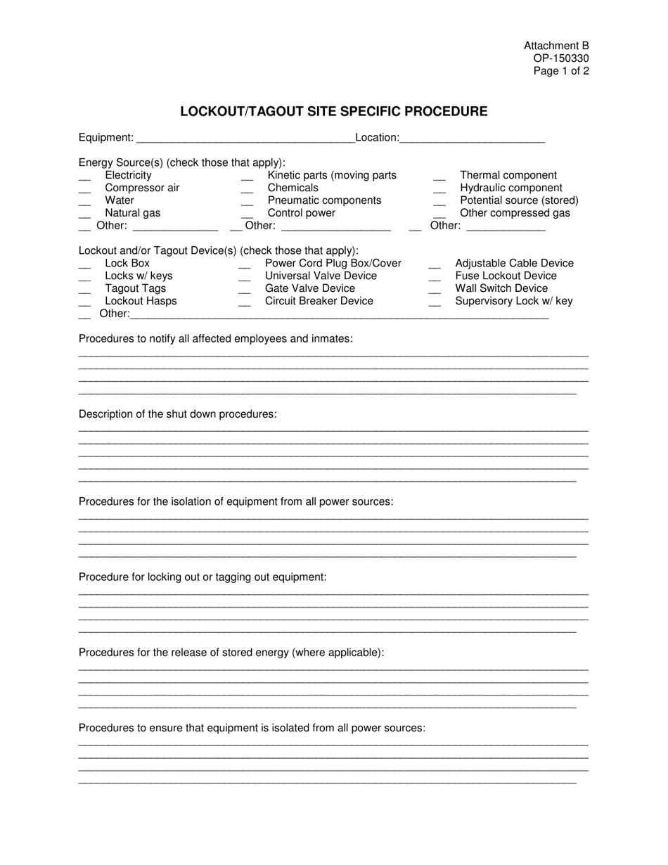 DOC Form OP-150330 Attachment B Lockout / Tagout Site Specific Procedure - Oklahoma, Page 1