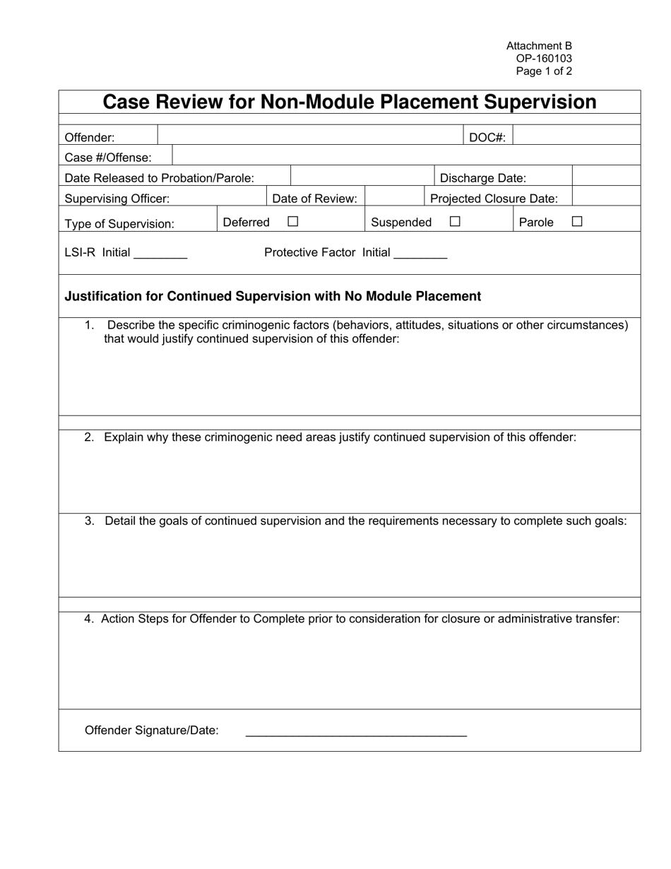 DOC Form OP-160103 Attachment B Case Review for Non-module Placement Supervision - Oklahoma, Page 1