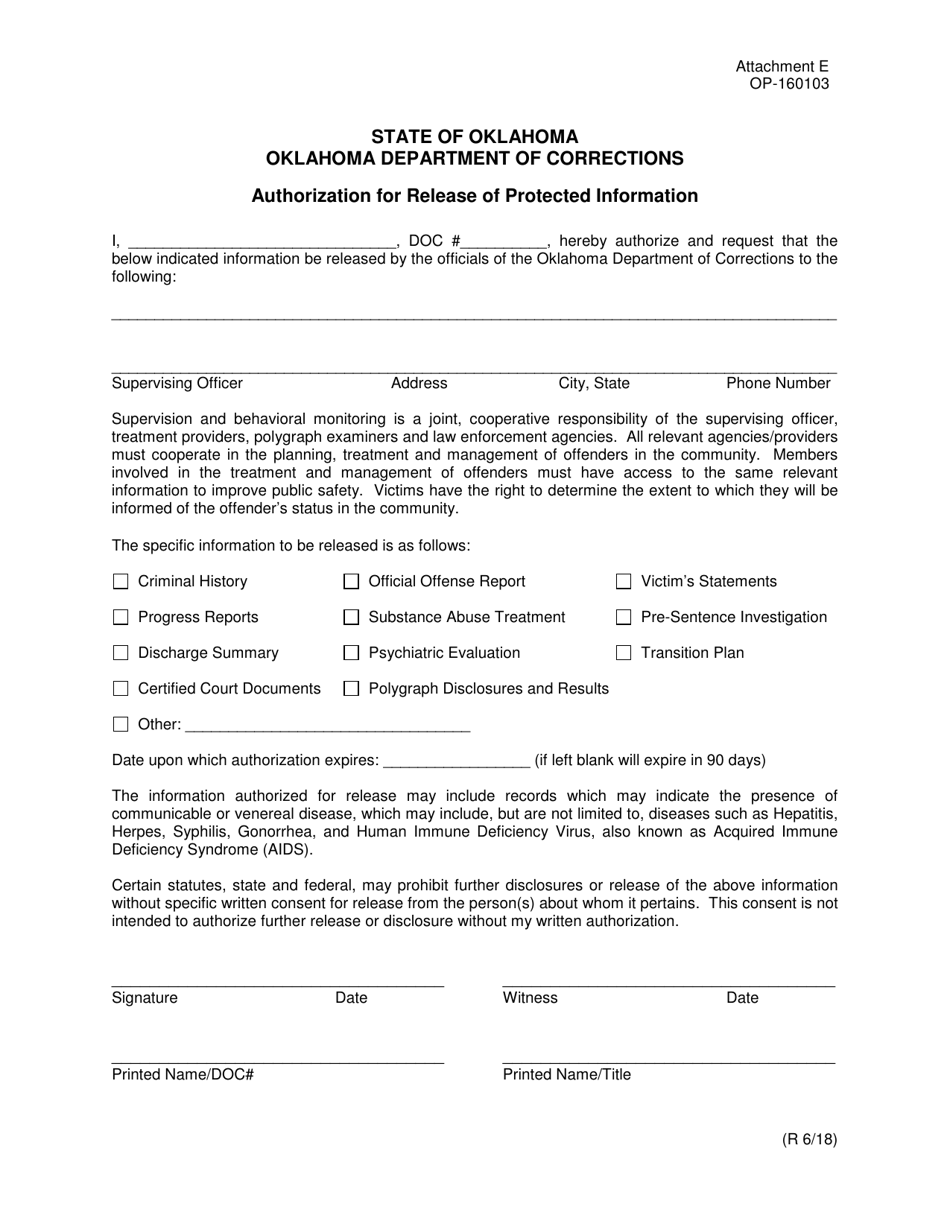 DOC Form OP-160103 Attachment E Authorization for Release of Protected Information - Oklahoma, Page 1