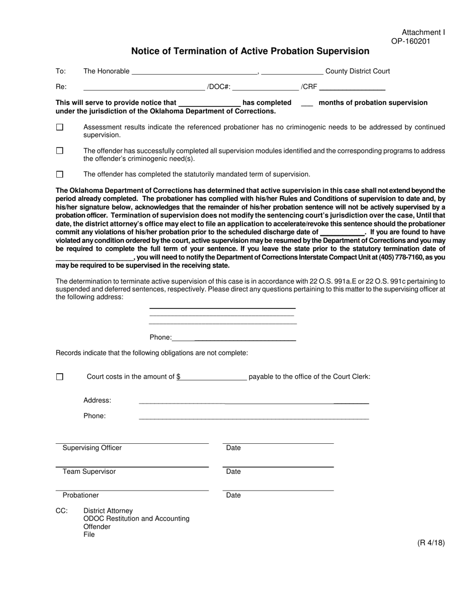 DOC Form OP-160201 Attachment I Notice of Termination of Active Probation Supervision - Oklahoma, Page 1