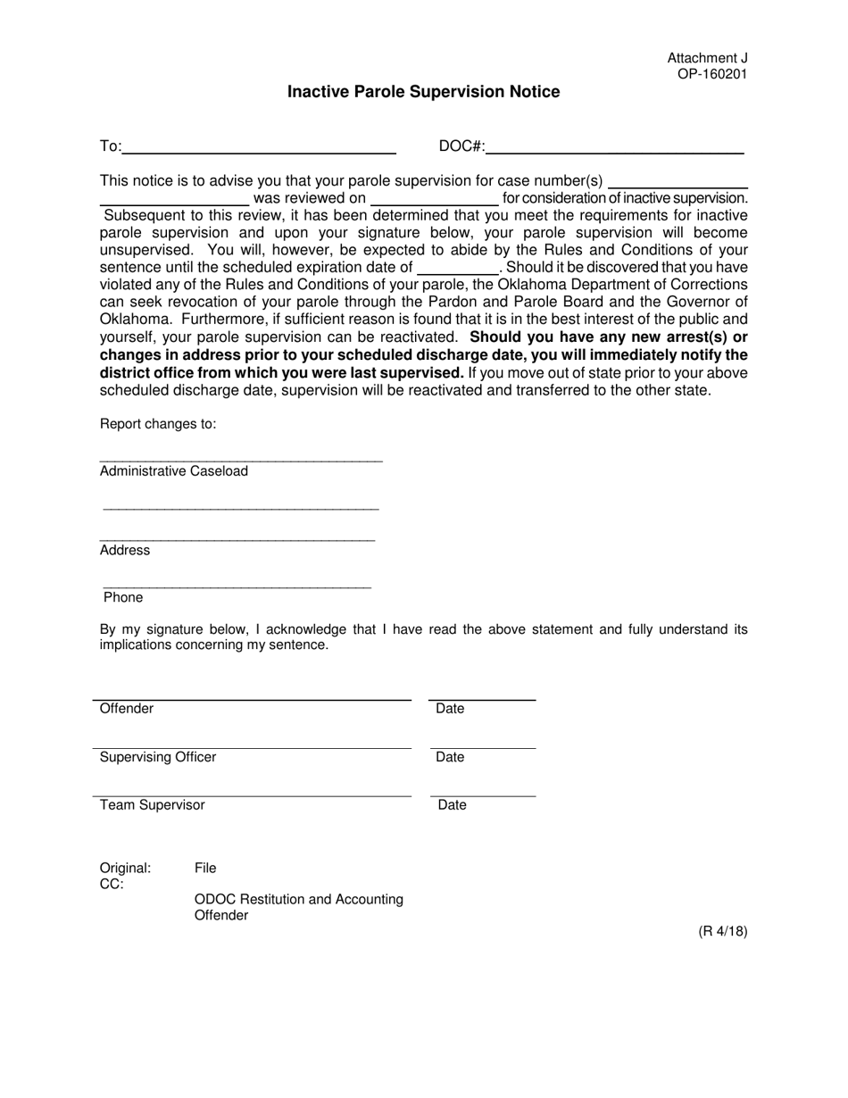 DOC Form OP-160201 Attachment J Inactive Parole Supervision Notice - Oklahoma, Page 1