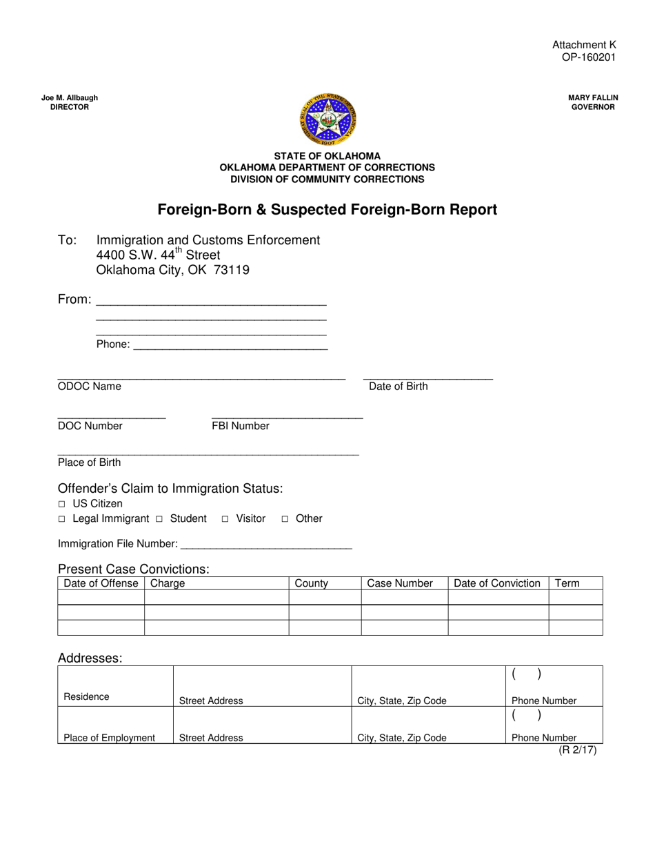 DOC Form OP-160201 Attachment K Foreign-Born  Suspected Foreign-Born Report - Oklahoma, Page 1