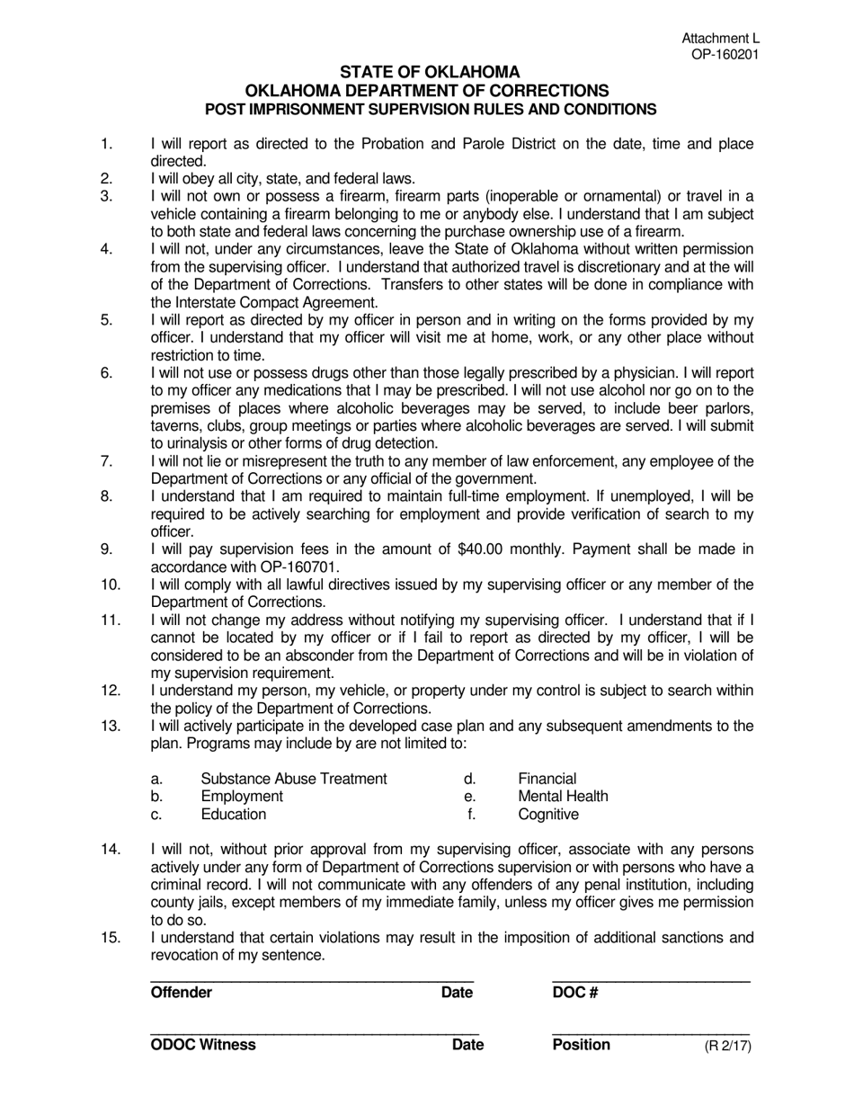 DOC Form OP-160201 Attachment L Post Imprisonment Supervision Rules and Conditions - Oklahoma, Page 1