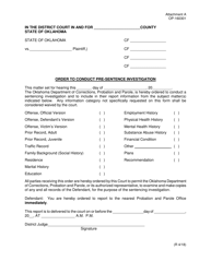 Document preview: DOC Form OP-160301 Attachment A Order to Conduct Pre-sentence Investigation - Oklahoma