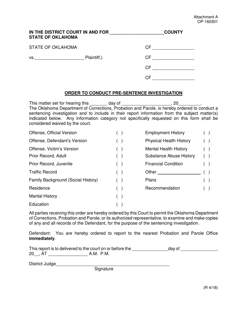 DOC Form OP-160301 Attachment A Order to Conduct Pre-sentence Investigation - Oklahoma, Page 1