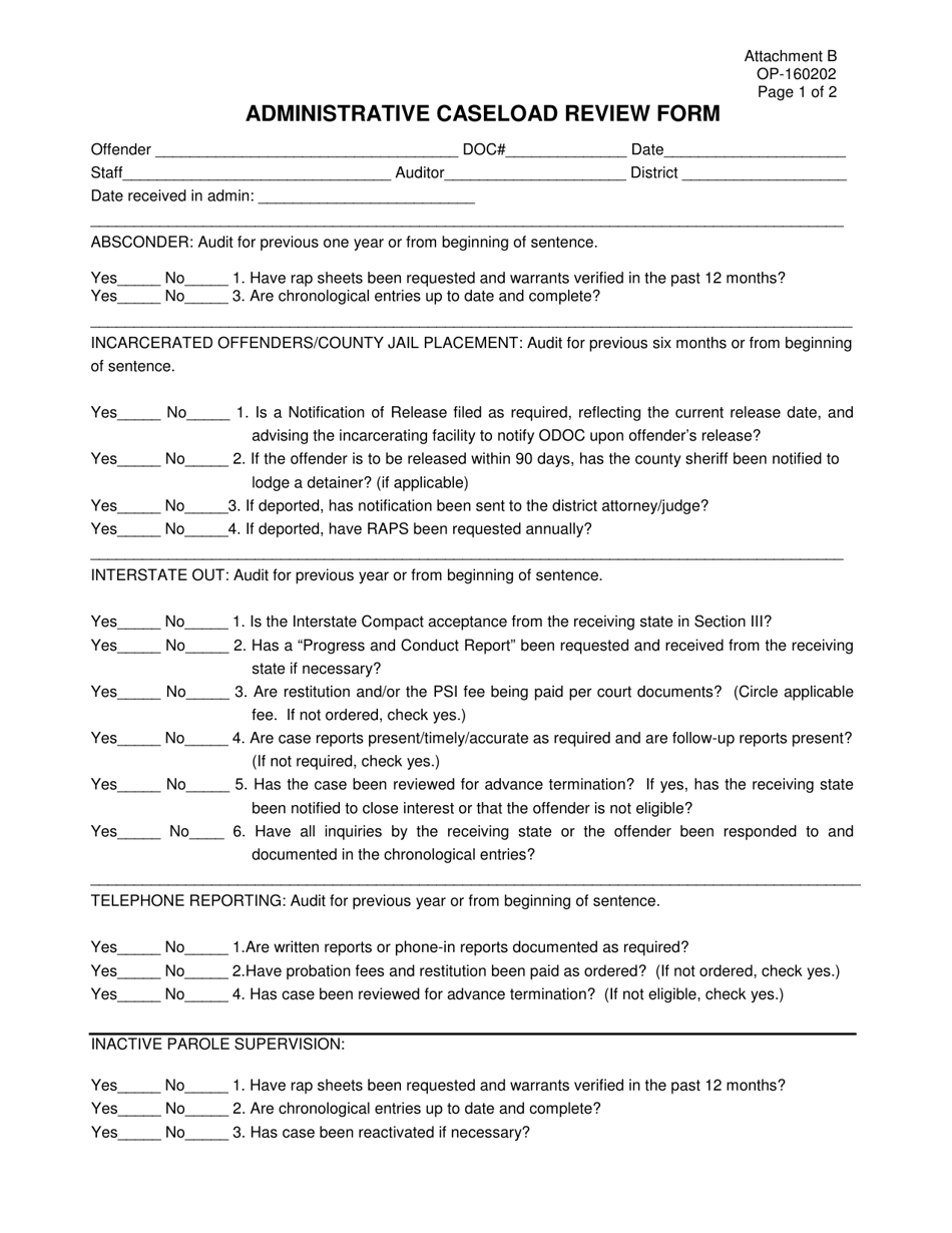 DOC Form OP-160202 Attachment B Administrative Caseload Review Form - Oklahoma, Page 1