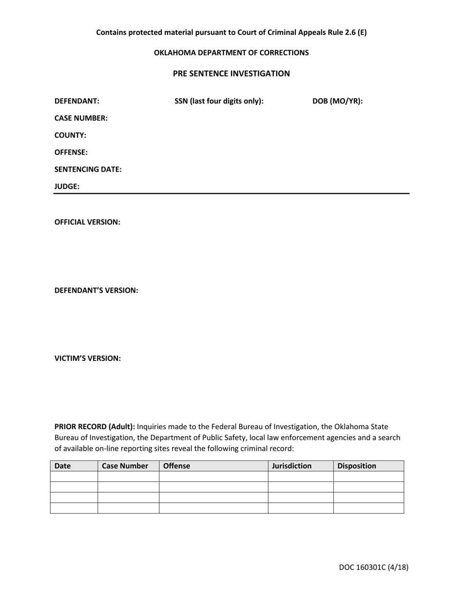 DOC Form OP-160301C Pre Sentence Investigation - Oklahoma, Page 1