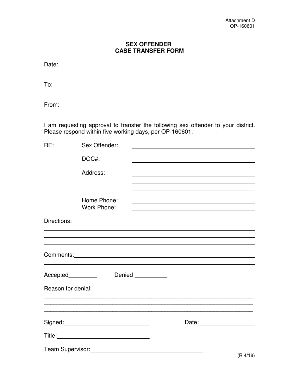 DOC Form OP-160601 Attachment D Sex Offender Case Transfer Form - Oklahoma, Page 1
