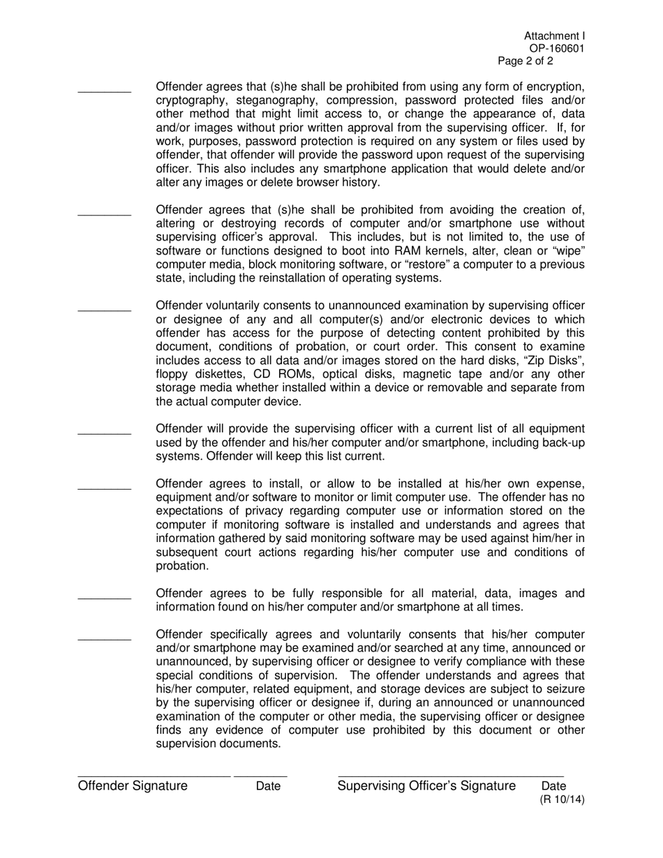 DOC Form OP-160601 Attachment I Oklahoma Computer Use Agreement for Sex Offenders - Oklahoma, Page 2
