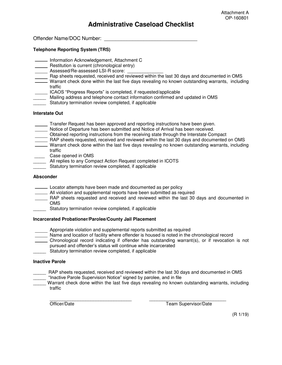 DOC Form OP-160801 Attachment A Administrative Caseload Checklist - Oklahoma, Page 1