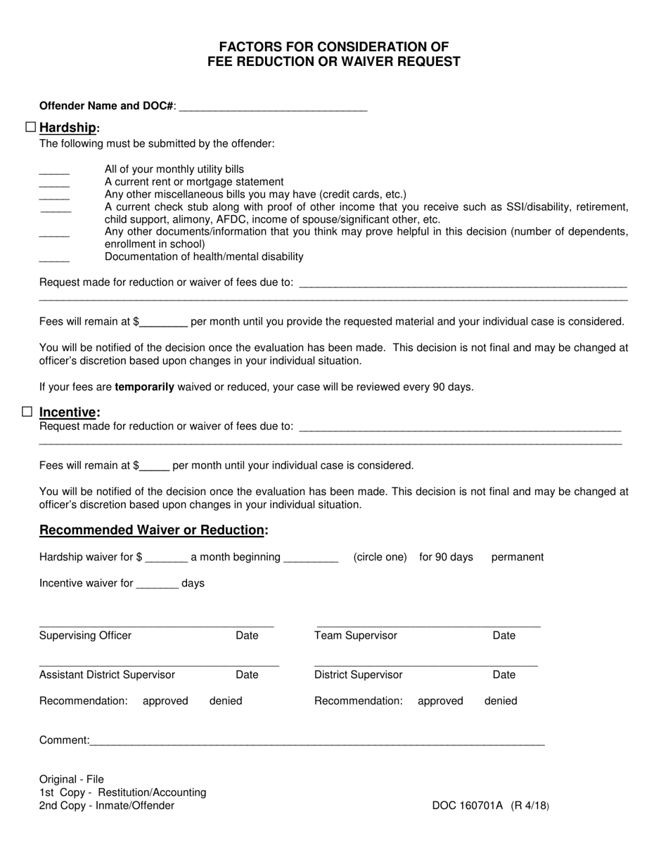 DOC Form OP-160701A Factors for Consideration of Fee Reduction or Waiver Request - Oklahoma, Page 1