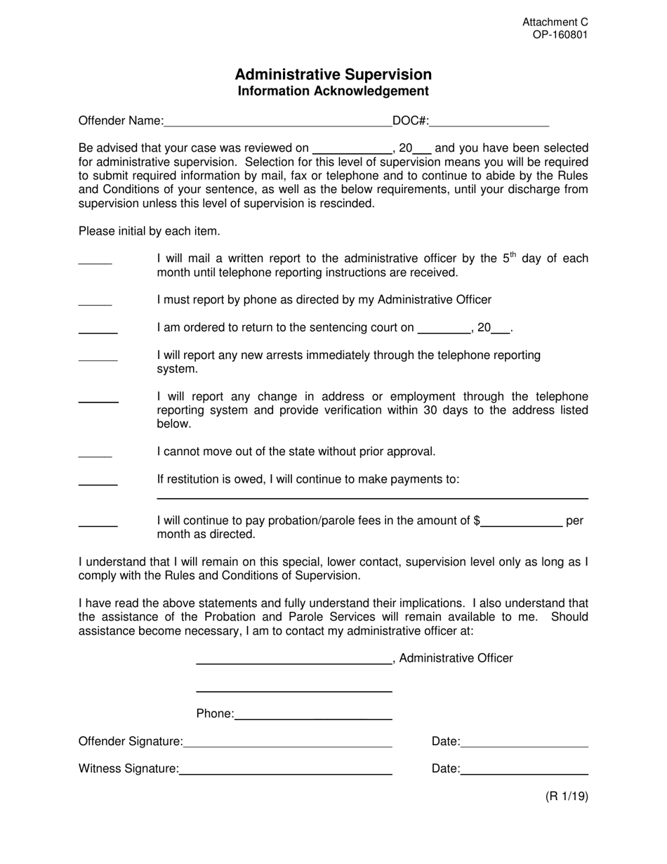 DOC Form OP-160801 Attachment C Administrative Supervision - Information Acknowledgement - Oklahoma, Page 1