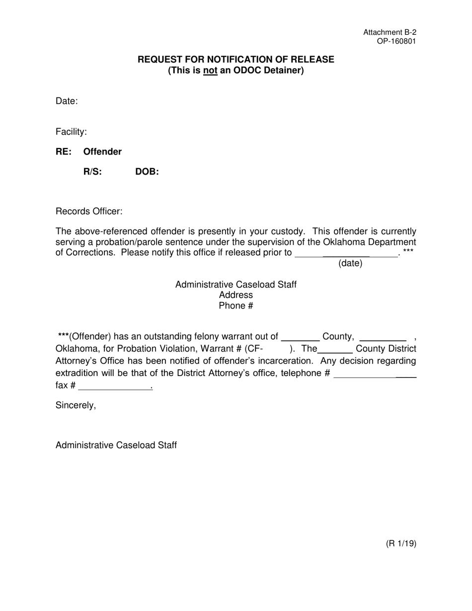 DOC Form OP-160801 Attachment B-2 Request for Notification of Release - Oklahoma, Page 1
