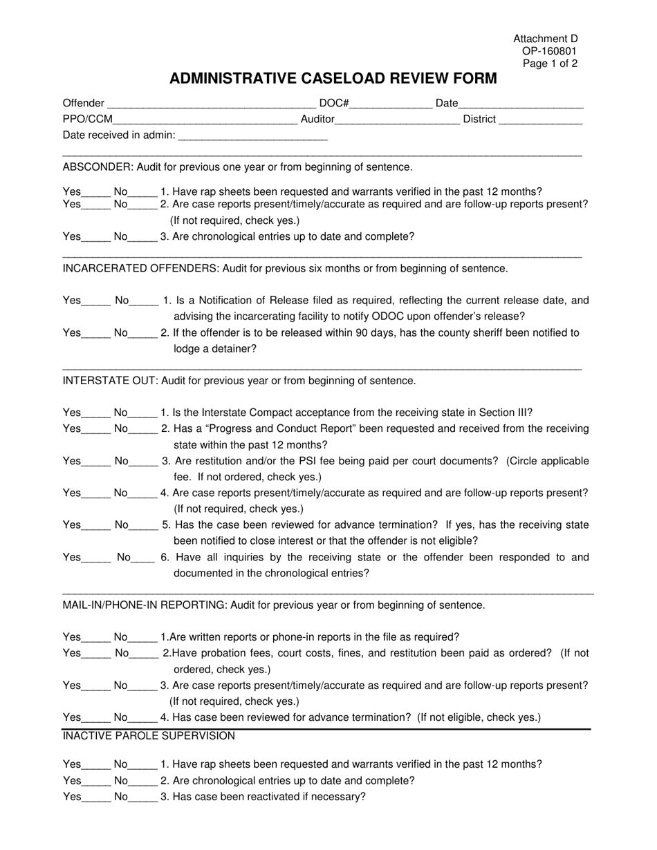 DOC Form OP-160801 Attachment D Administrative Caseload Review Form - Oklahoma, Page 1