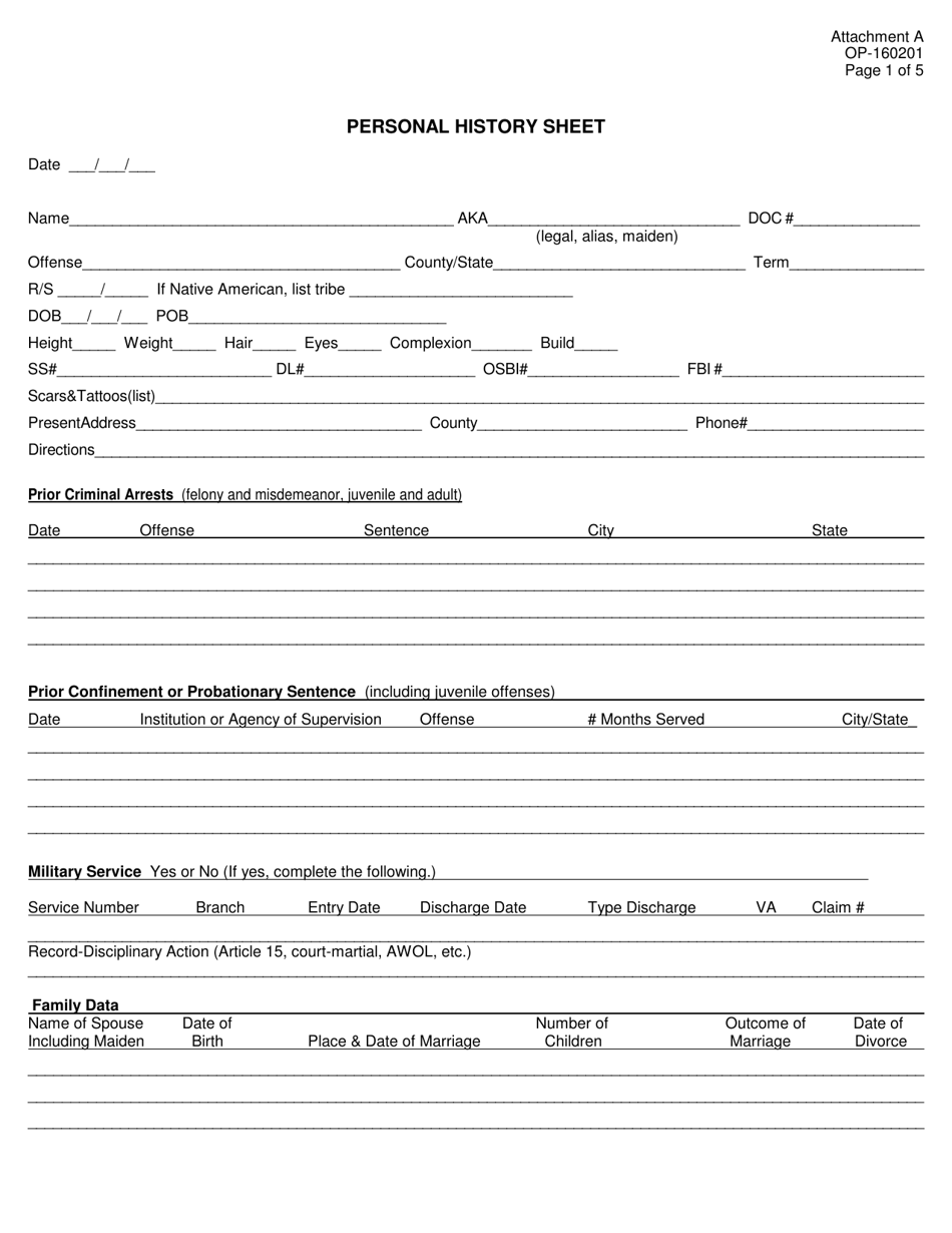 DOC Form OP-160201 Attachment A Personal History Sheet - Oklahoma, Page 1
