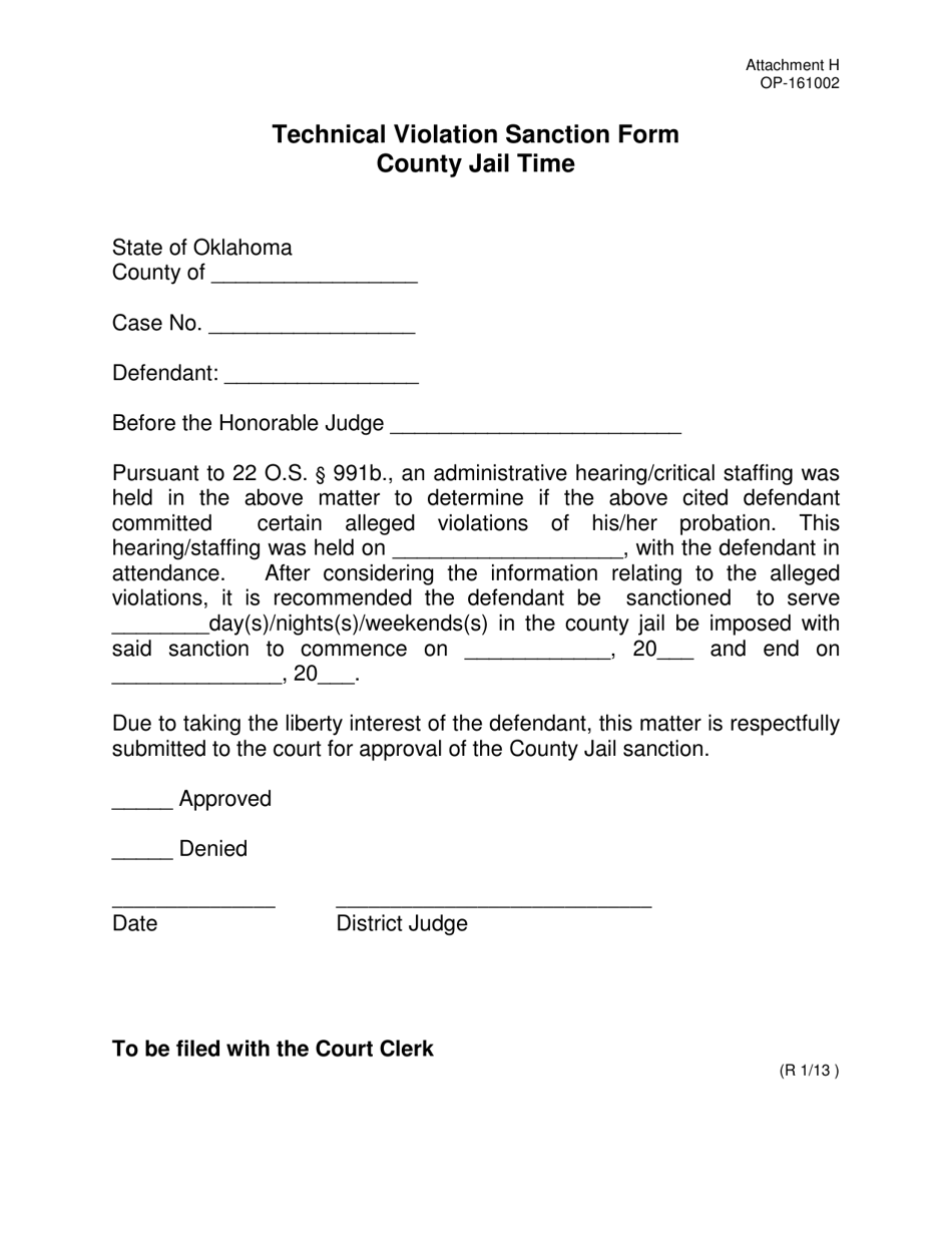 DOC Form OP-161002 Attachment H Technical Violation Sanction Form County Jail Time - Oklahoma, Page 1