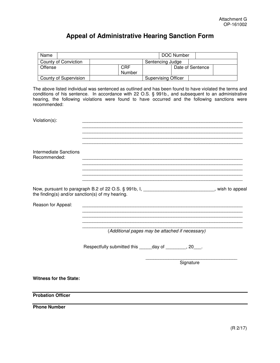 DOC Form OP-161002 Attachment G Appeal of Administrative Hearing Sanction Form - Oklahoma, Page 1