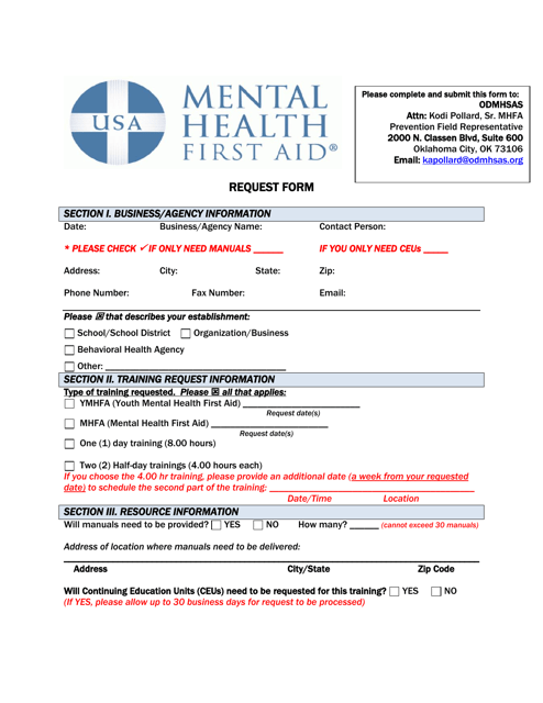 Mental Health First Aid (Mhfa) Training Request Form - Oklahoma Download Pdf