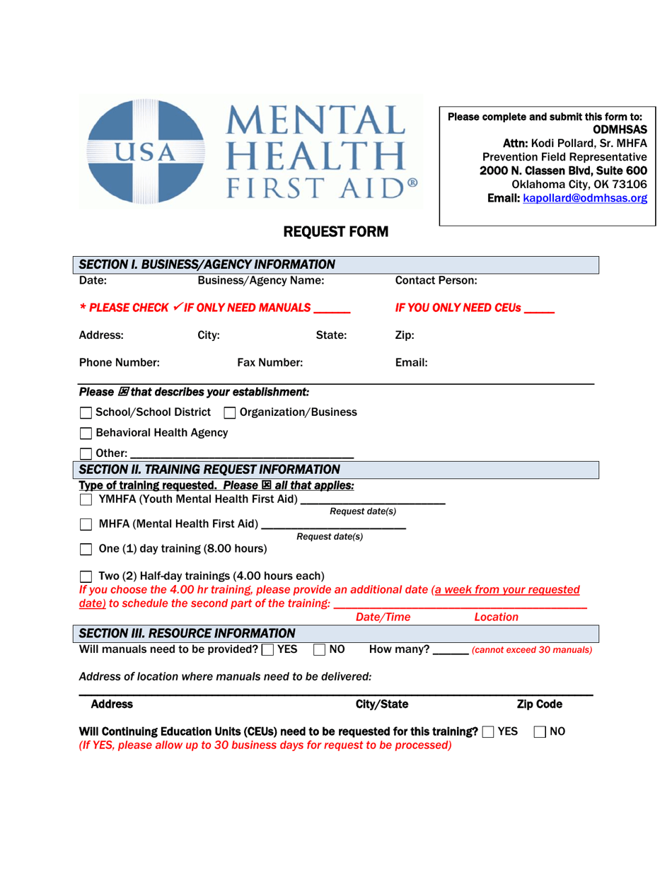 Mental Health First Aid (Mhfa) Training Request Form - Oklahoma, Page 1