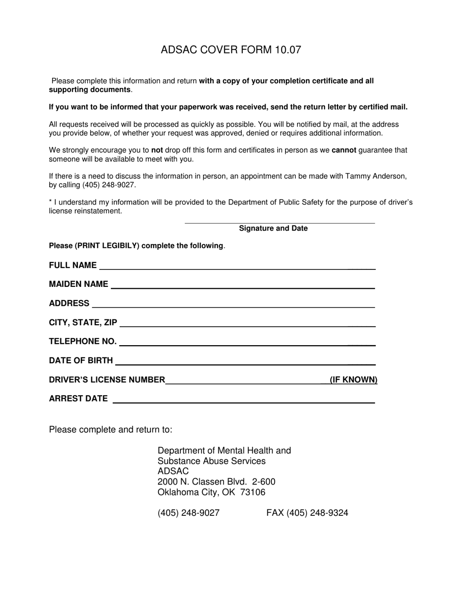 Oklahoma Adsac Cover Form - Fill Out, Sign Online and Download PDF ...