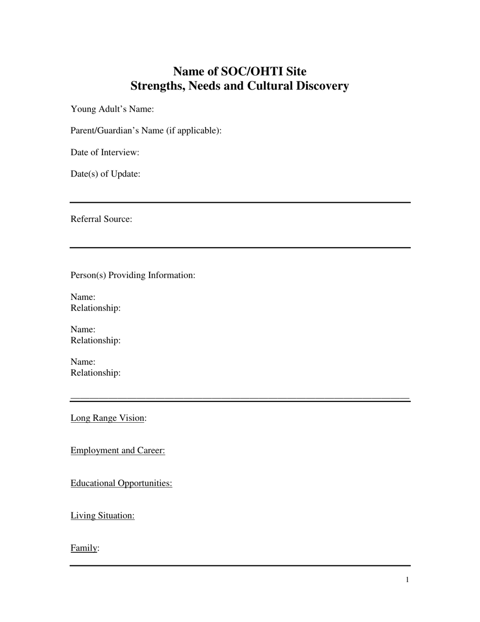 Strengths, Needs and Cultural Discovery Template - Soc / Ohti Site - Oklahoma, Page 1