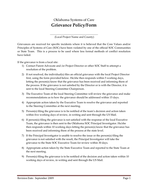 Grievance Policy / Form - Oklahoma Systems of Care - Oklahoma Download Pdf