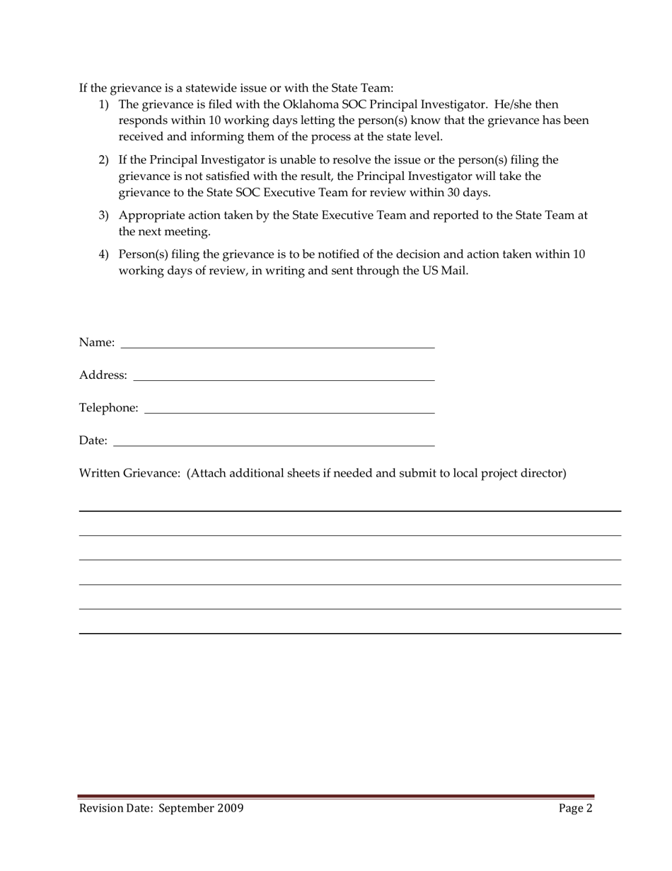 Grievance Policy / Form - Oklahoma Systems of Care - Oklahoma, Page 2