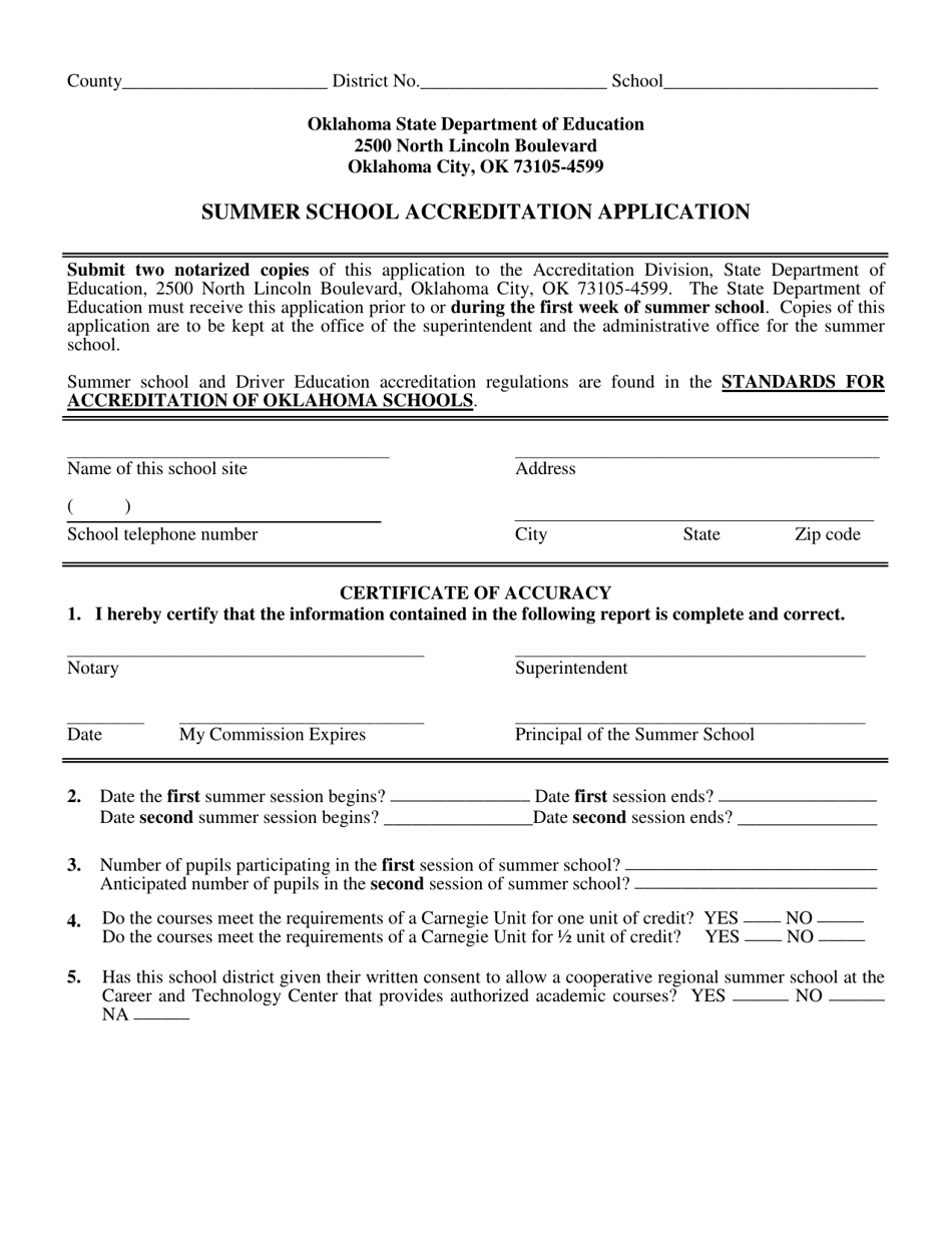Summer School Accreditation Application Form - Oklahoma, Page 1