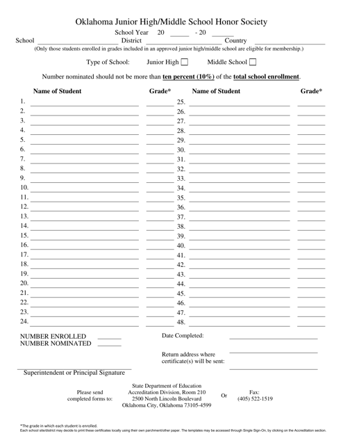 &quot;Oklahoma Junior High/Middle School Honor Society Annual Nomination Form&quot; - Oklahoma Download Pdf