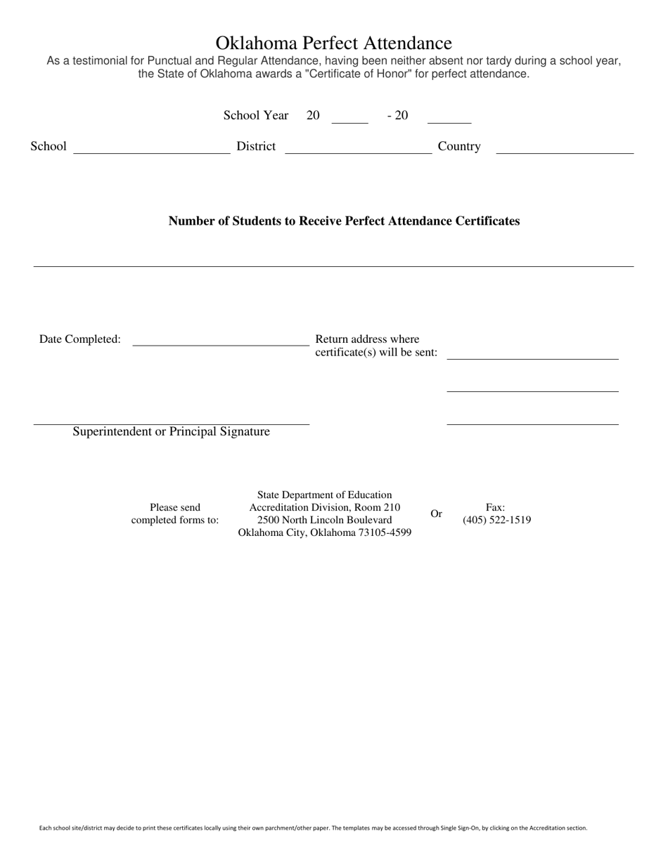 Oklahoma Perfect Attendance Certificate Request Form - Oklahoma, Page 1