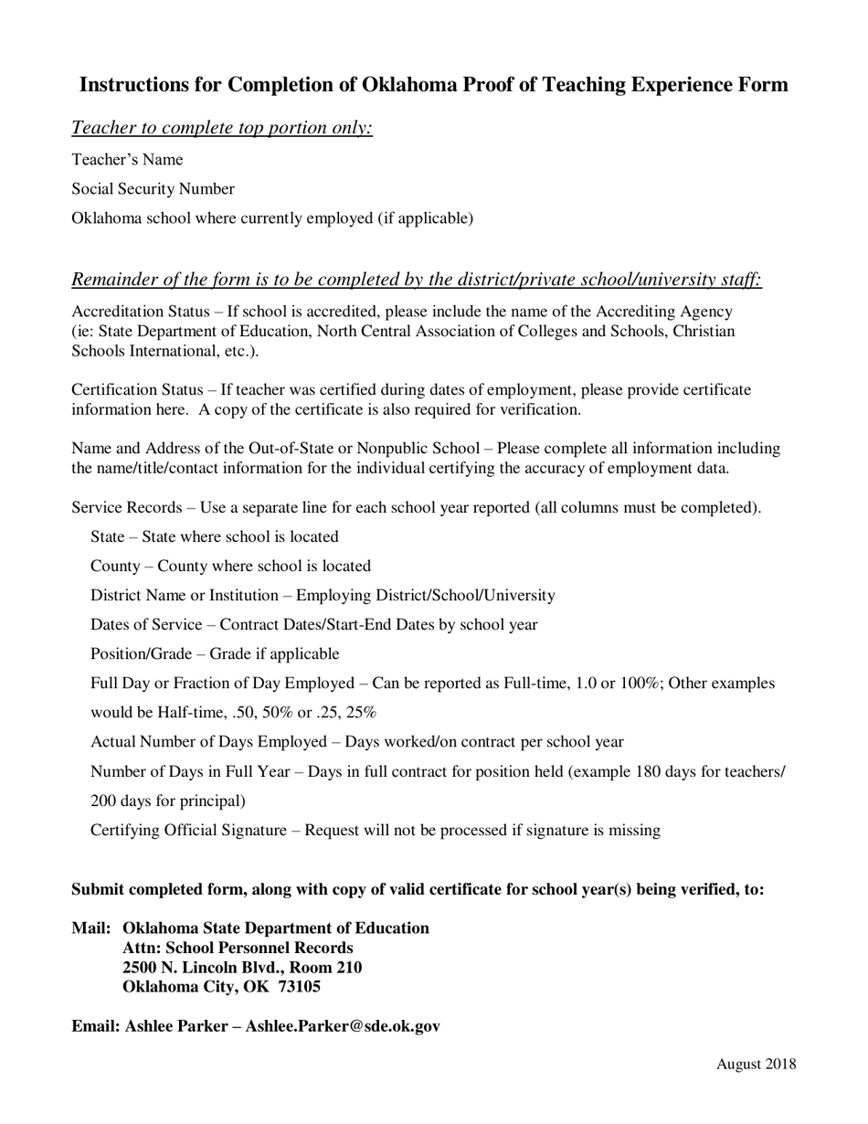 Proof of Teaching Experience - Out-of-State or Oklahoma Nonpublic Schools - Oklahoma, Page 3