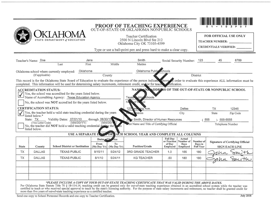 Proof of Teaching Experience - Out-of-State or Oklahoma Nonpublic Schools - Oklahoma, Page 4