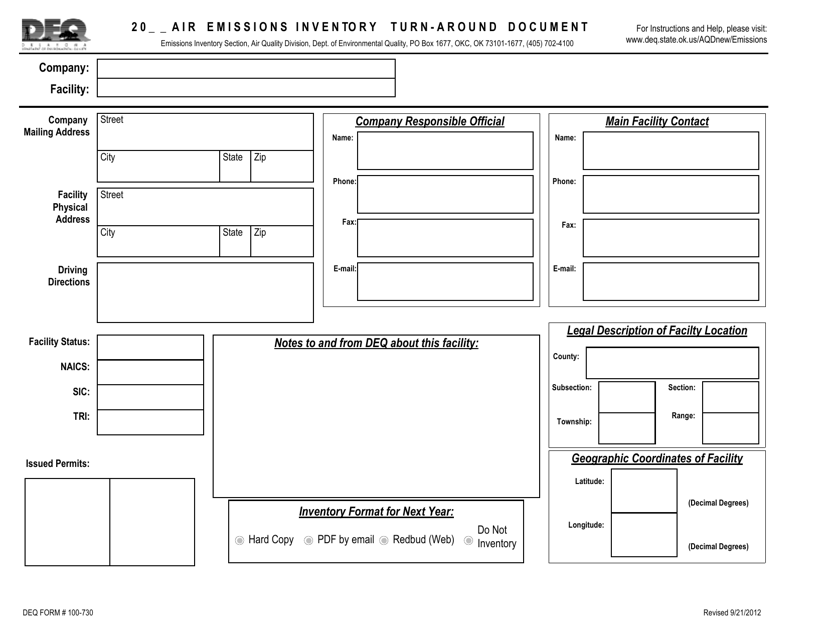 DEQ Form 100-730  Printable Pdf