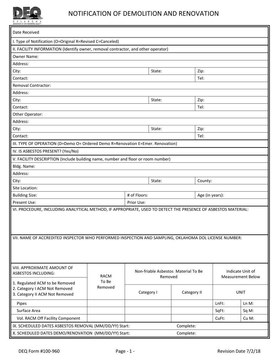 DEQ Form 100-960 Notification of Demolition and Renovation - Oklahoma, Page 1