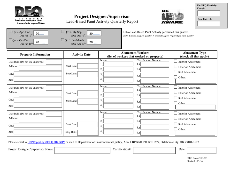 DEQ Form 110-503 Download Fillable PDF or Fill Online Project Designer ...