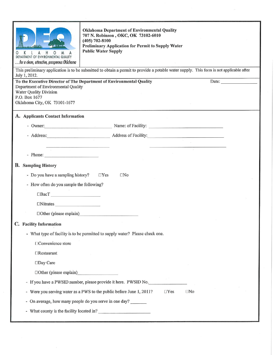 Preliminary Application for Permit to Supply Water - Oklahoma, Page 1