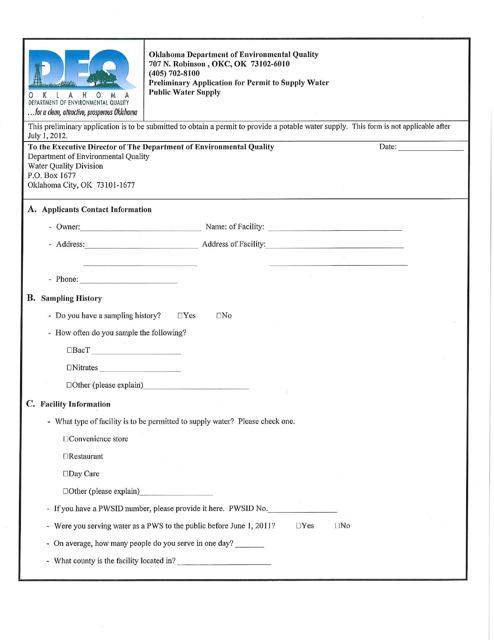 Preliminary Application for Permit to Supply Water - Oklahoma Download Pdf